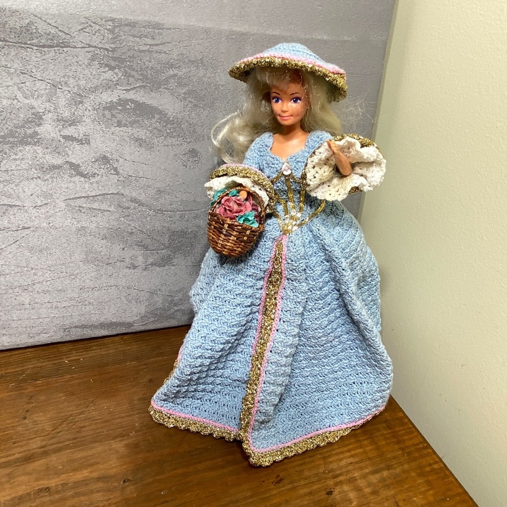 Handmade Crochet Doll Dress Blue Gold Southern Belle Outfit Hat Basket No Doll
